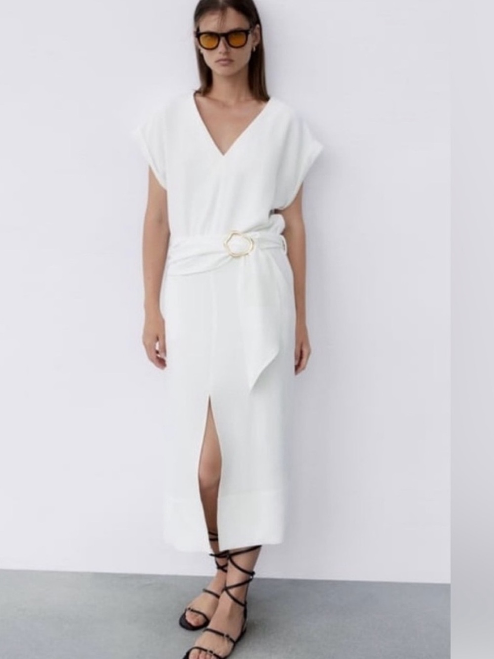 Zara White V-Neck Midi Dress with Ring-Belt